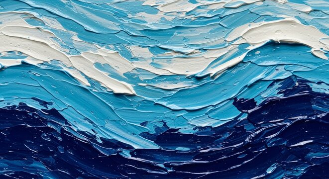 Abstract ocean waves painting with thick paint texture in blue and white