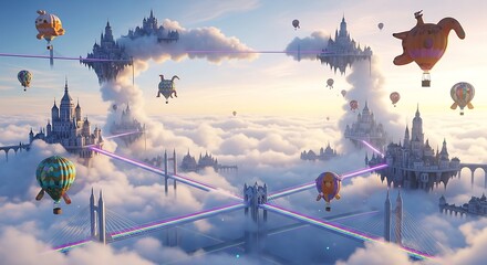 Fantasy cityscape floating in the clouds, connected by bridges and traversed by hot air balloons.