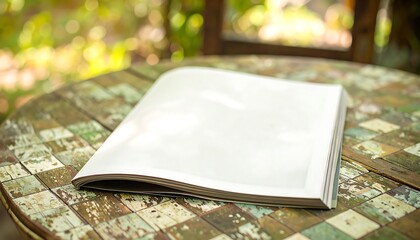 Open magazine on a weathered table outdoors