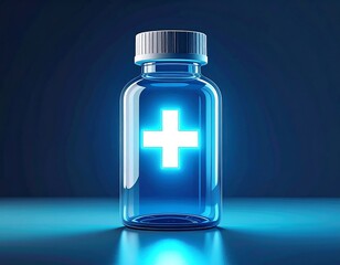 Illuminated blue medicine bottle with glowing plus sign