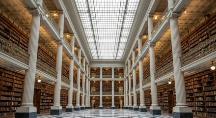 Grand Library Interior with Tall Columns and Bookshelves