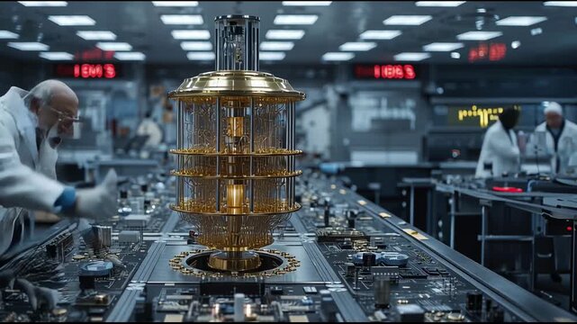 Quantum computer core glowing with golden superconducting circuits surrounded by scientists in advanced laboratory