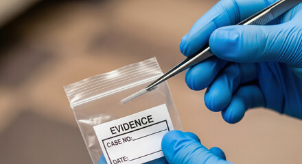 Forensic scientist collecting evidence at a crime scene with tweezers and a bag investigation and justice concept showing careful handling of material for dna analysis in a lab