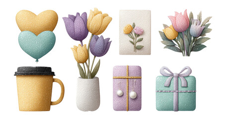Colorful Illustrations of Flowers, Gifts, and Balloons on Transparent Background