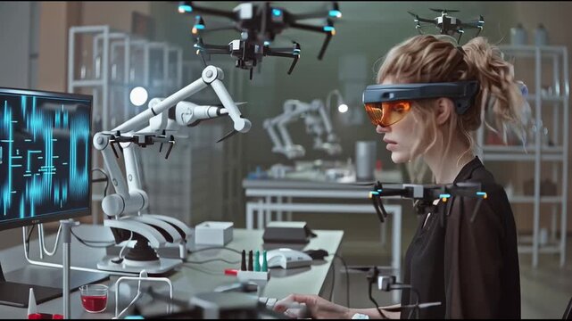 Close-up futuristic portrait of woman wearing advanced AR headset with glowing orange neural patterns reflected on visor, cognitive technology concept