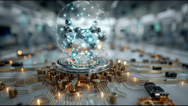 Quantum computer prototype projecting glowing molecular structure inside transparent sphere connected by golden circuits