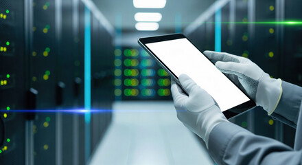Engineer's hands in white gloves holding a tablet with a blank screen a modern technology background with copy space for a business presentation app mockup or technical data