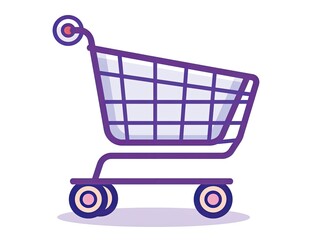 A stylized illustration of a shopping cart, purple with a light gray interior, shown from a three-quarter perspective, cast shadow underneath, simple line art style