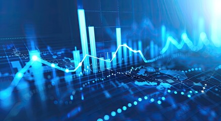 Abstract visualization of financial data; blue graphs, charts, and a world map backdrop create a dynamic, 3D perspective of market trends and economic activity