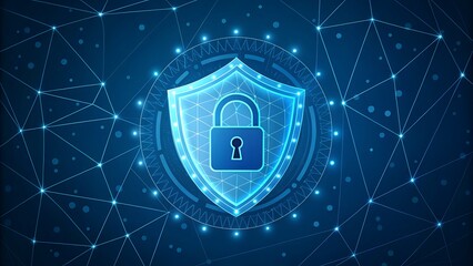 Digital shield with padlock symbol representing cybersecurity and data protection
