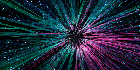 Cyber light burst with green and magenta digital trails
