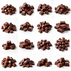 Collection of chunks of chocolate on a white surface.