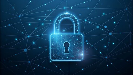 Digital padlock glowing with blue light on a dark network background
