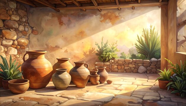 A sunlit interior patio with terracotta pottery