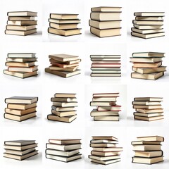 Collection of stacks of books against white background