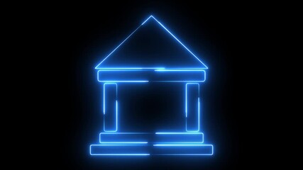 Home building icon animation glowing neon blue color house apartment property hotel office address on black background
