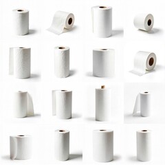 Collection of white rolls of paper towel against a white backdrop.