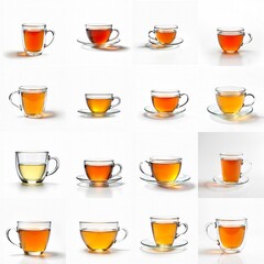 Collection of mugs filled with an orange liquid sitting on a table.