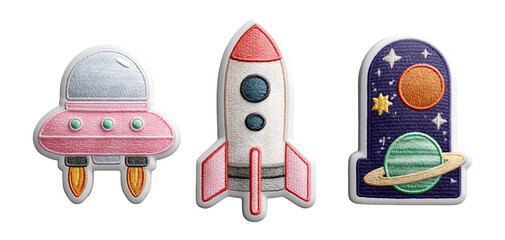 Fototapeta premium Colorful Space-Themed Embroidered Patches of Rocket and UFO Design