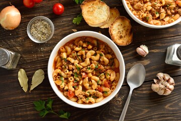 American goulash, dish with ground beef and elbow macaroni in tomato sauce