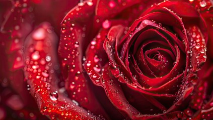 Close-up of a velvety red rose, glistening with dew drops, its petals tightly furled in a spiral at its heart. The image highlights the rich color and texture of the bloom