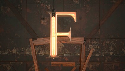 Illuminated capital letter F on rustic backdrop