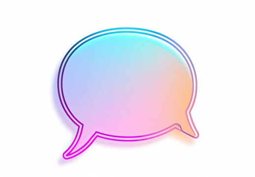 A vibrant, pastel-colored speech bubble with a neon outline, set against a white background.  It has a 3D effect and a gradient fill