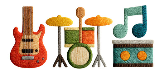 Naklejka premium Colorful Embroidered Musical Instruments with Notes and Drums on Transparent Background