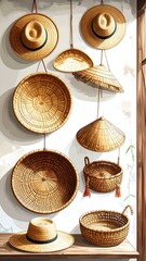 Handwoven straw hats and baskets hanging