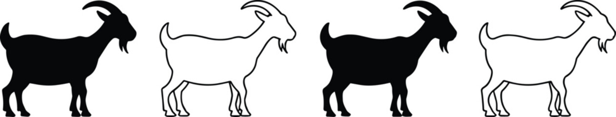 Silhouette and outline goat illustration set, farm animal vector collection, domestic livestock design, agriculture symbol, nature concept, editable graphic for farming projects