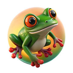 3D cartoon green frog with large eyes and red webbed feet on yellow-orange background. PNG.