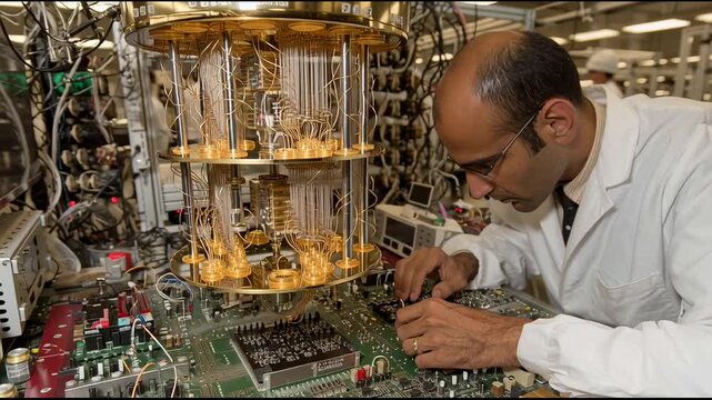 Scientist working with quantum computer core connected by golden wires in advanced laboratory