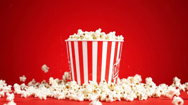 Popcorn Explosion in Striped Bucket - An overflowing bucket of popcorn against a red background with popcorn pieces exploding and flying in the air.