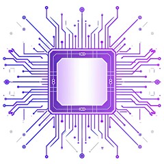 Abstract digital circuitry graphic; a central square processor with radiating lines and nodes, rendered in a gradient of purple and blue hues against a white background