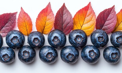Vibrant blueberries and autumn leaves arranged in a horizontal pattern on a white background