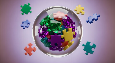 Colorful Puzzle Pieces in Glass Sphere: Teamwork, Solutions, and Creative Thinking