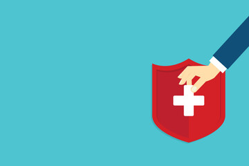 Obraz premium Medical healthcare insurance. Red shield on patient protection policy and pen. Medicine symbol. 