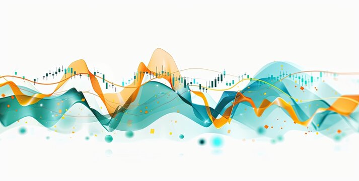 Abstract graphic representation of fluctuating data, using teal and orange wavy lines, and candlestick charts, set against a white background