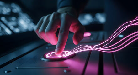 Modern technology finger pushing button releasing digital data stream with vibrant pink light and dark background