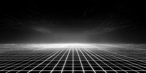 White glowing light radiating over digital grid landscape in space