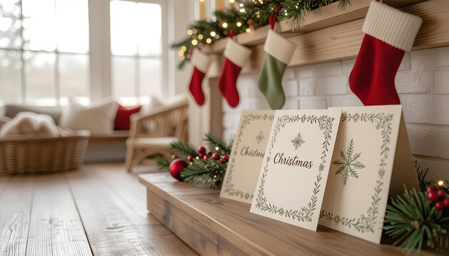 Vintage Christmas cards arranged on a rustic mantel with stockings against a softly lit background with copy space