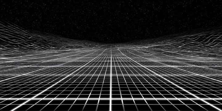 Futuristic digital grid terrain in 3D wireframe with perspective depth