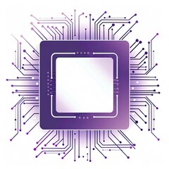 Abstract illustration of a microchip with radiating circuit lines, showcasing a central processing unit.  The design uses a gradient purple color scheme