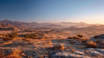 Sunlit desert plain with rocky foreground, sparse shrubs, and layered mountain ranges fading into a hazy horizon under a clear sky at golden hour.