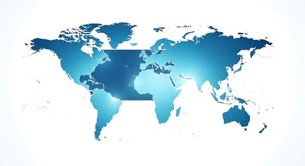 A sophisticated world map design, featuring continents in a gradient of deep blue, accented with a horizontal band across the middle.