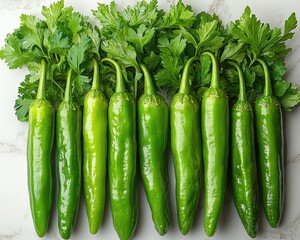 Fresh green chili peppers arranged with parsley sprigs on a marble surface