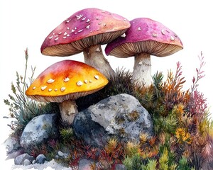 Watercolor illustration of vibrant mushrooms nestled amongst rocks and moss