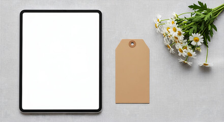 Showcase your brand on a modern tablet with a floral and tag detail for a fresh, personalized presentation
