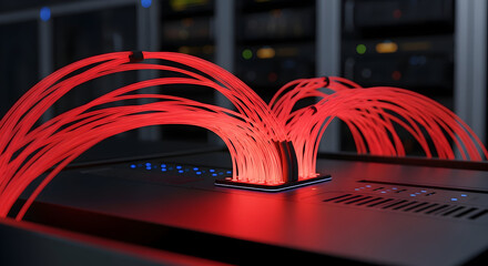 Visualize cutting edge technology with glowing red fiber optic cables in a modern server room setup