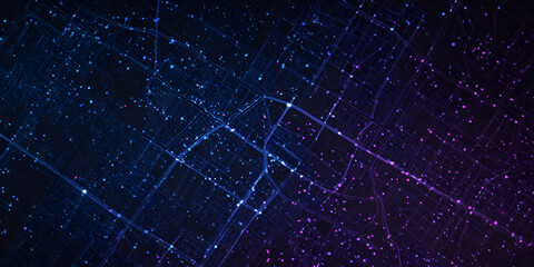 High-tech abstract city grid with glowing purple-blue data pathways